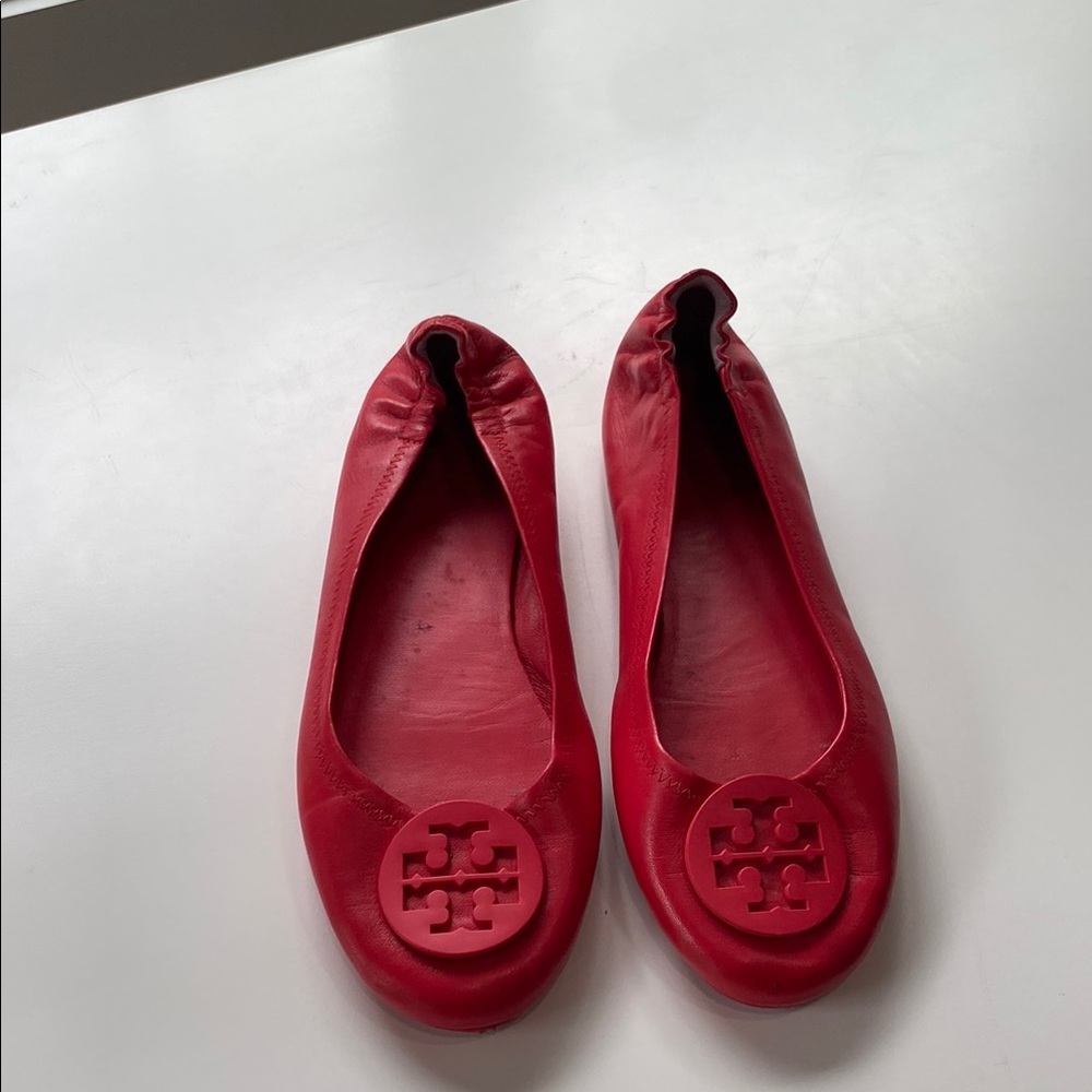 Tory Burch Pink/Red Flats with Logo Medallion